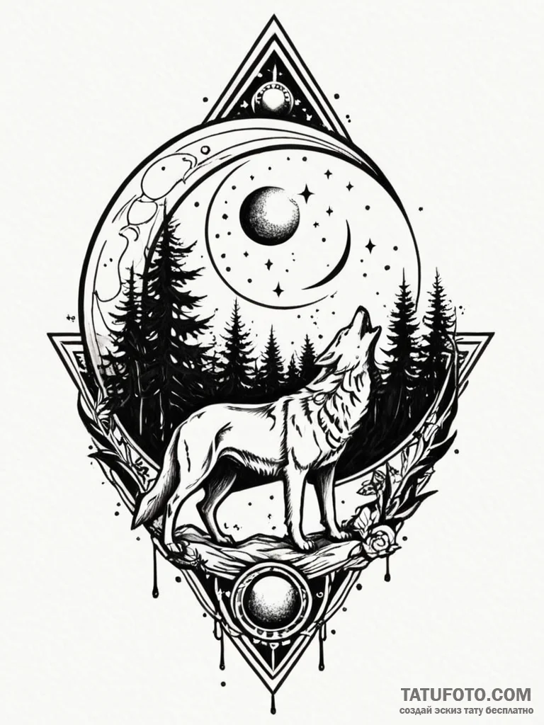Blood moon with wolf silhouette, artistic tat… — эскиз тату (№1751768927_0, 06.07.2025 02:28) — Tatufoto.com