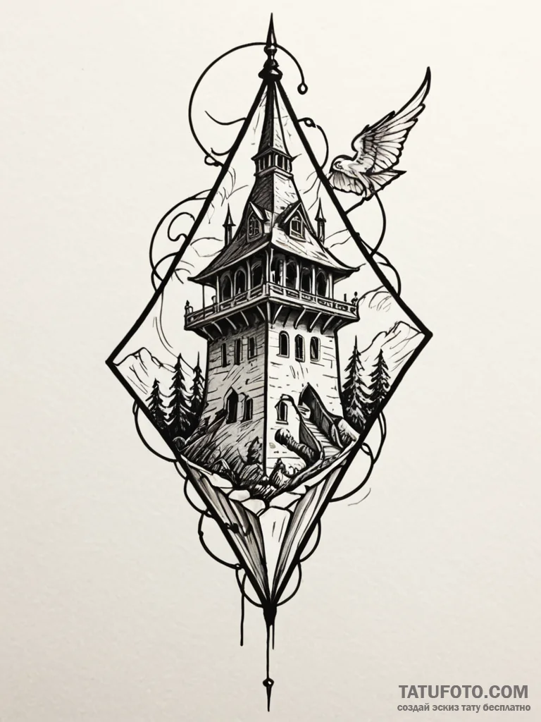 Kite trapped in bone spire, tattoo drawing ou... - эскиз тату (№1751769437_0, 06.07.2025 02:37) — Tatufoto.com