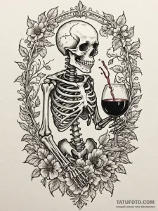 Animated skeleton drinking wine, tattoo line... - эскиз тату (№1751769521_0, 06.07.2025 02:38) — Tatufoto.com