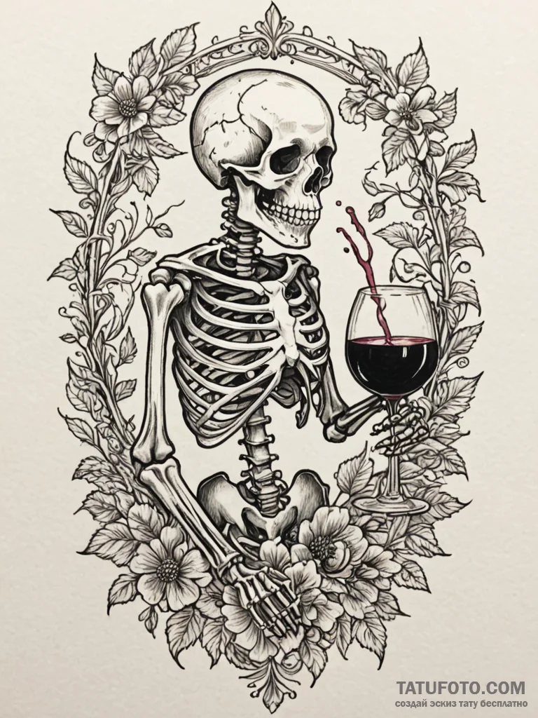 Animated skeleton drinking wine, tattoo line... - эскиз тату (№1751769521_0, 06.07.2025 02:38) — Tatufoto.com