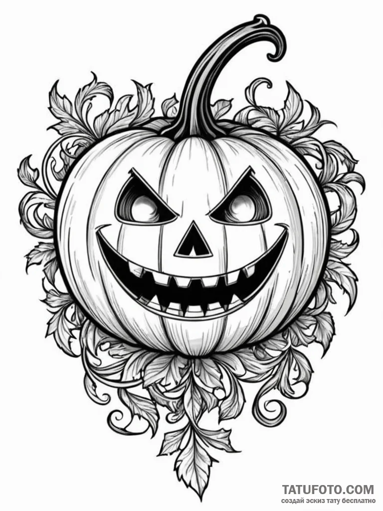 Animated pumpkin with sinister smile, tattoo... - эскиз тату (№1751769605_0, 06.07.2025 02:40) — Tatufoto.com