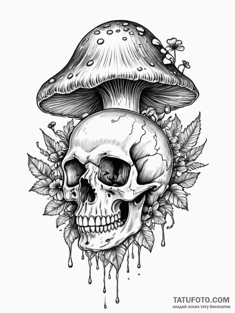 Mushroom blooming from skull, tattoo sketch d... - эскиз тату (№1751769942_0, 06.07.2025 02:45) — Tatufoto.com