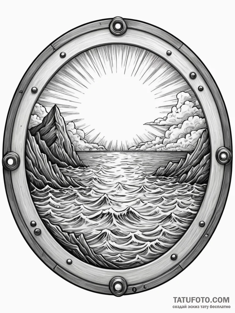 Porthole window beneath spectral sea, artisti... - эскиз тату (№1751770365_0, 06.07.2025 02:52) — Tatufoto.com