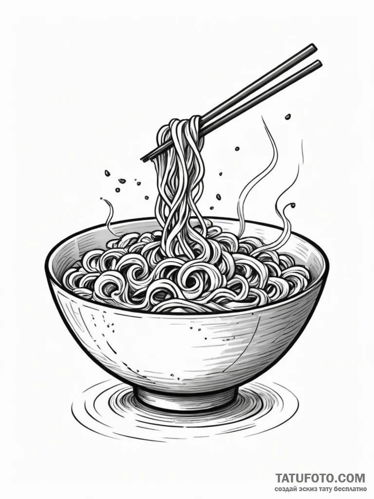 Noodle bowl, steaming, with chopsticks, tatto… — эскиз тату (№1751770572_0, 06.07.2025 02:56) — Tatufoto.com