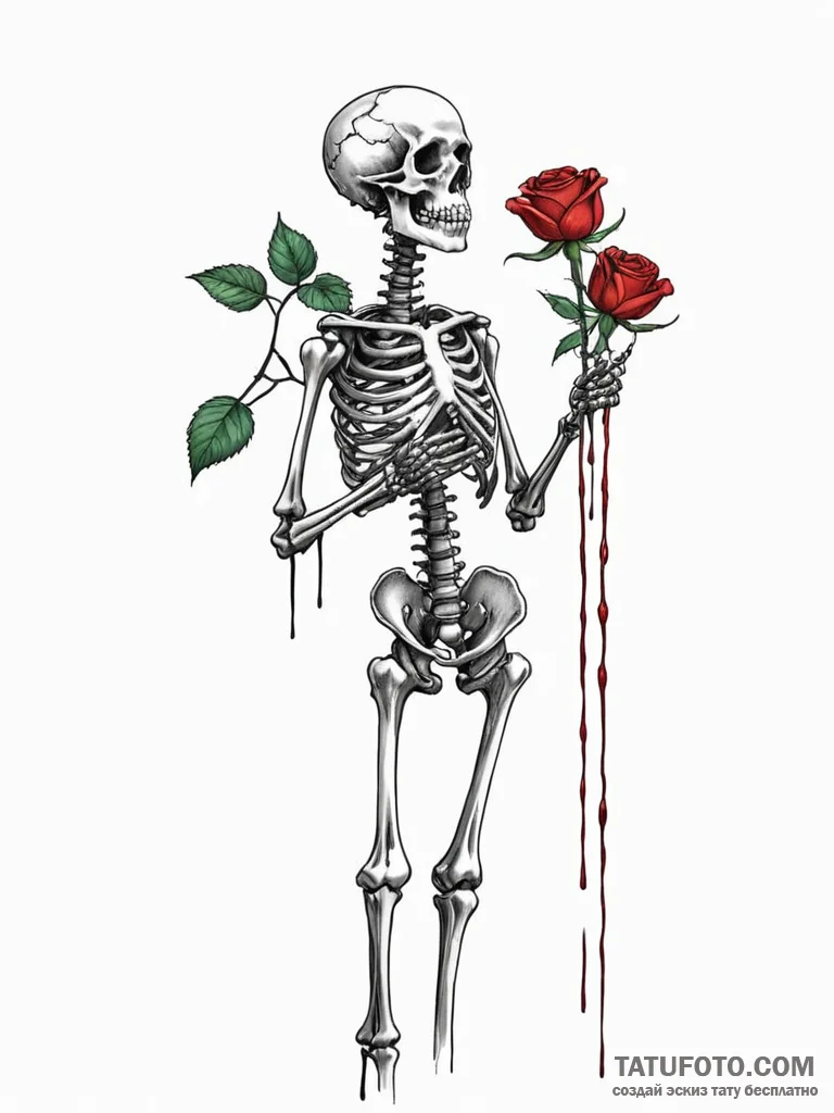 A skeleton watering a single living rose - эскиз тату (№1751770823_0, 06.07.2025 03:00) — Tatufoto.com