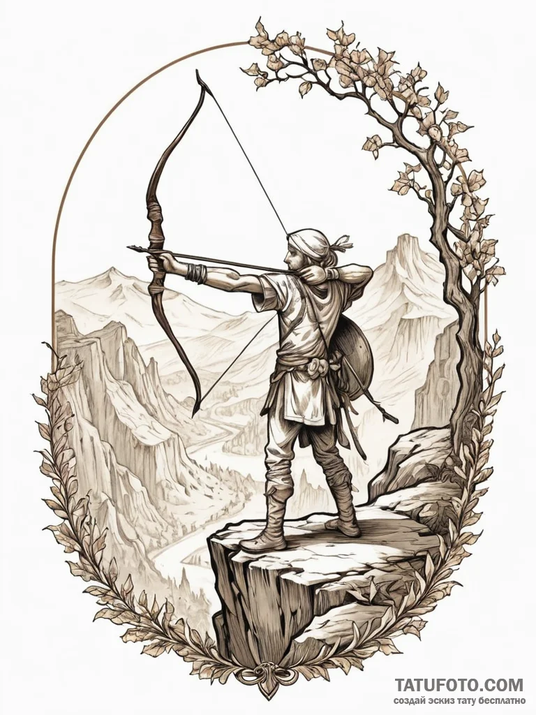 A lone archer poised on a cliff, drawing a gl... - эскиз тату (№1751770906_0, 06.07.2025 03:01) — Tatufoto.com