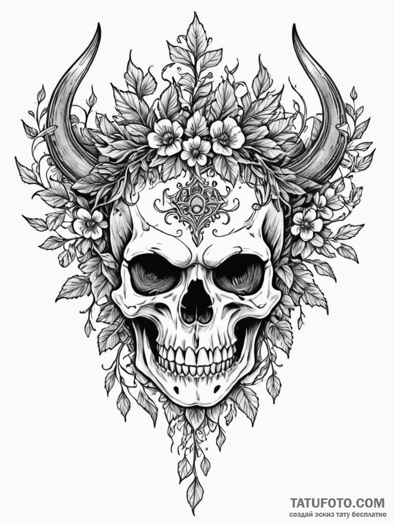 Orc skull crowned in vines, tattoo drawing ou... - эскиз тату (№1751770991_0, 06.07.2025 03:03) — Tatufoto.com