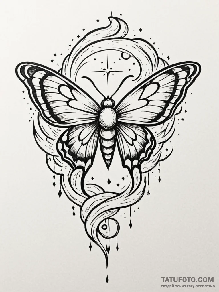 Angelic moth flying in moonlight storm, tatto… — эскиз тату (№1751771497_0, 06.07.2025 03:11) — Tatufoto.com