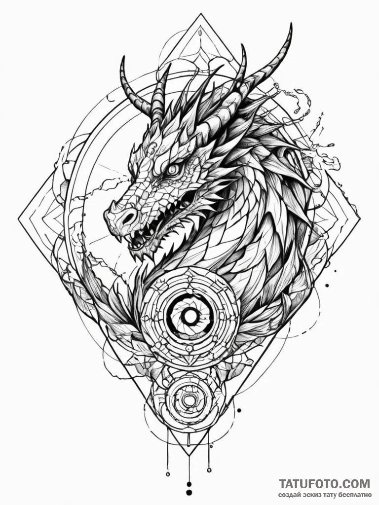 Dragon coil through shattered ruins, ink illu... - эскиз тату (№1751771836_0, 06.07.2025 03:17) — Tatufoto.com