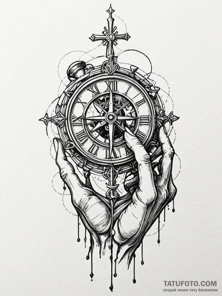 Broken timepiece with skeletal hands, artisti... - эскиз тату (№1751773066_0, 06.07.2025 03:37) — Tatufoto.com