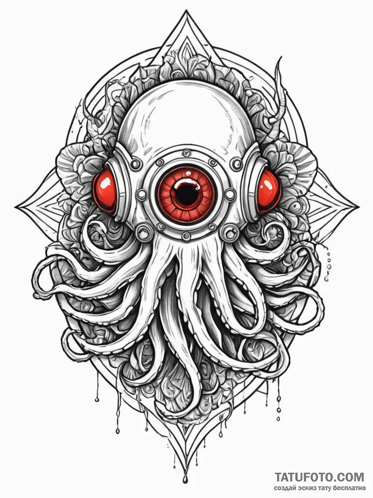 Deep-sea diver’s helmet with a giant squid’s… — эскиз тату (№1751773409_0, 06.07.2025 03:43) — Tatufoto.com