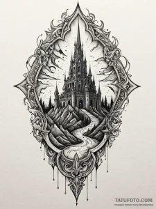 Treasure blade beneath shattered spire, ink i... - эскиз тату (№1751774084_0, 06.07.2025 03:54) — Tatufoto.com