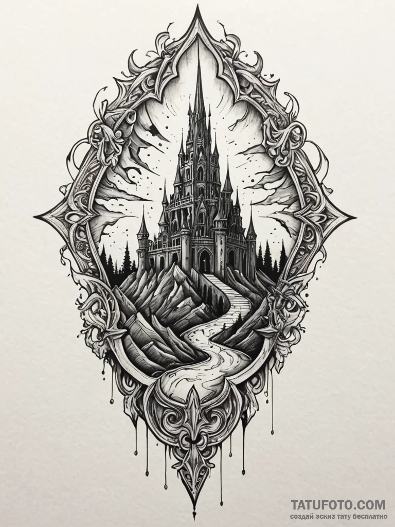 Treasure blade beneath shattered spire, ink i... - эскиз тату (№1751774084_0, 06.07.2025 03:54) — Tatufoto.com