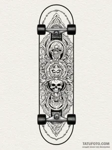 Skateboard, deck design visible, tattoo line... - эскиз тату (№1751774337_0, 06.07.2025 03:58) — Tatufoto.com