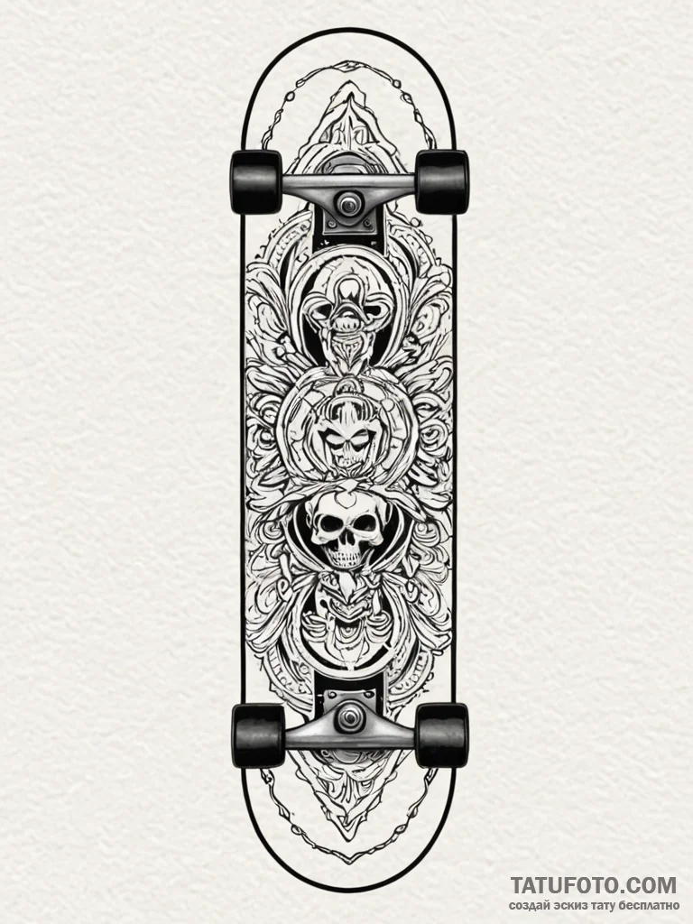 Skateboard, deck design visible, tattoo line... - эскиз тату (№1751774337_0, 06.07.2025 03:58) — Tatufoto.com