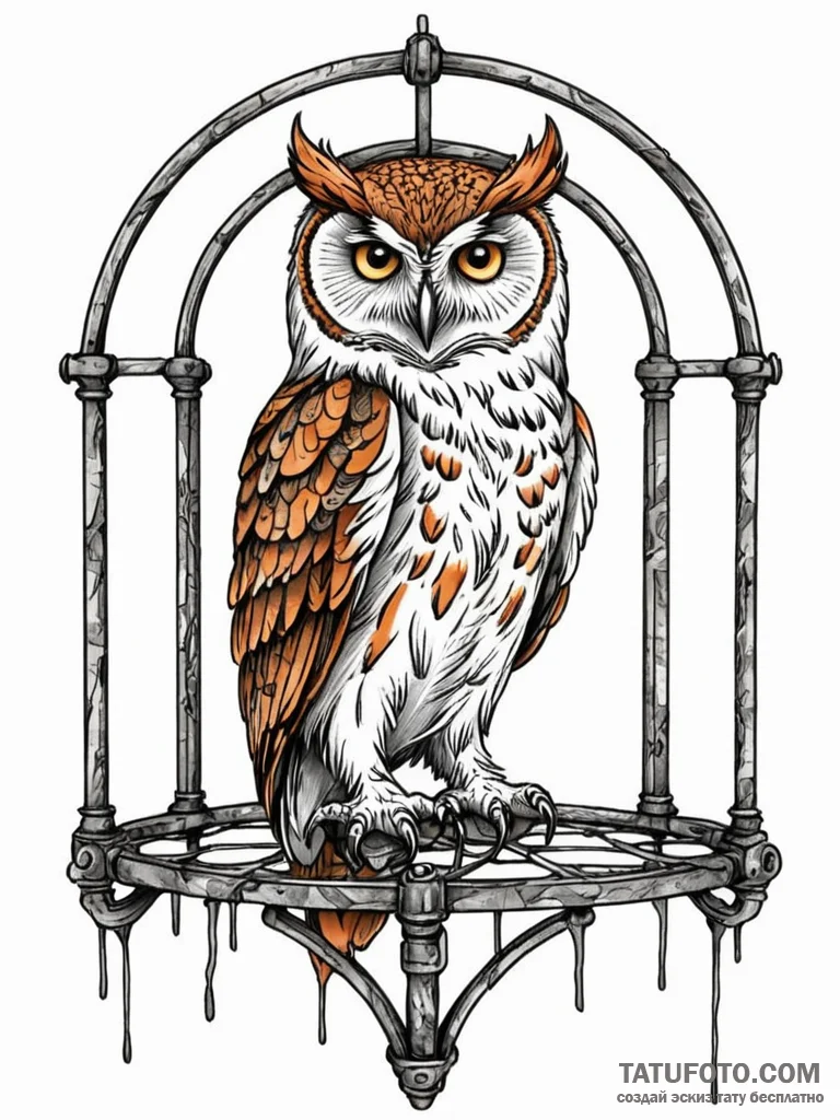 Owl perched on rusted cage, ink illustration... - эскиз тату (№1751774508_0, 06.07.2025 04:01) — Tatufoto.com