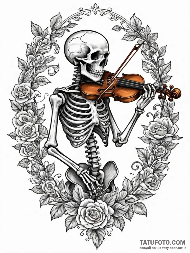 A skeleton playing a violin made of bone, tat… — эскиз тату (№1751775104_0, 06.07.2025 04:11) — Tatufoto.com