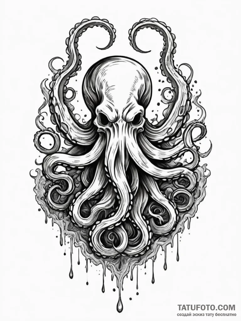 Kraken devouring sunken bells, tattoo drawing… — эскиз тату (№1751775442_0, 06.07.2025 04:17) — Tatufoto.com
