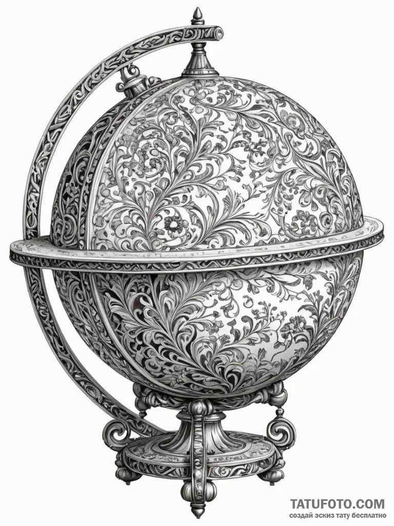 An antique globe, artistic tattoo sketch, hig… — эскиз тату (№1751775526_0, 06.07.2025 04:18) — Tatufoto.com