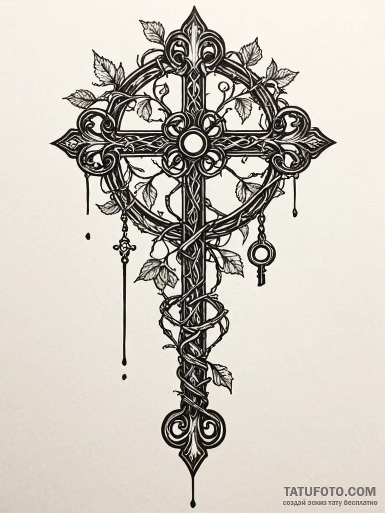 Old key hanging from thorned vine, artistic t… — эскиз тату (№1751776033_0, 06.07.2025 04:27) — Tatufoto.com