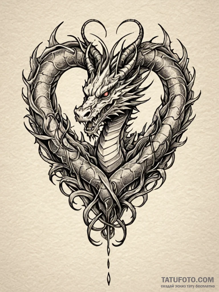 Dragon coil around heart, tattoo line art, mo... - эскиз тату (№1751776370_0, 06.07.2025 04:32) — Tatufoto.com