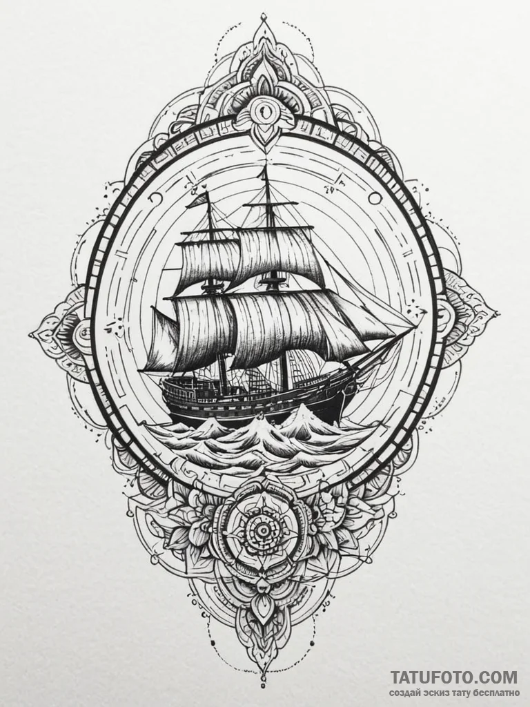 Burning sea with skeletal ship, tattoo sketch... - эскиз тату (№1751776542_0, 06.07.2025 04:35) — Tatufoto.com