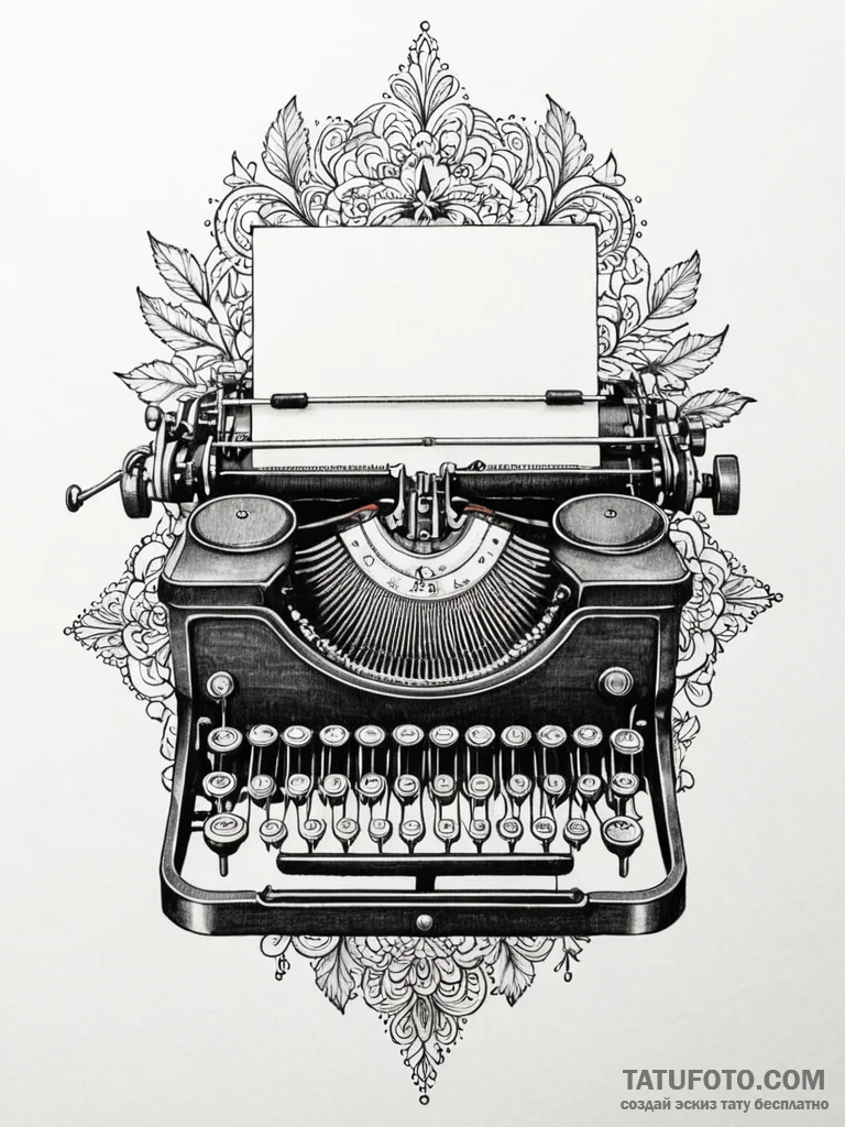 Typewriter, tattoo drawing outline, detailed... - эскиз тату (№1751776627_0, 06.07.2025 04:37) — Tatufoto.com