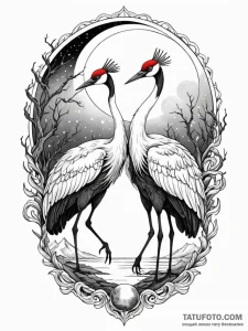 Red-crowned crane dancing under a blood moon,... - эскиз тату (№1751777997_0, 06.07.2025 04:59) — Tatufoto.com