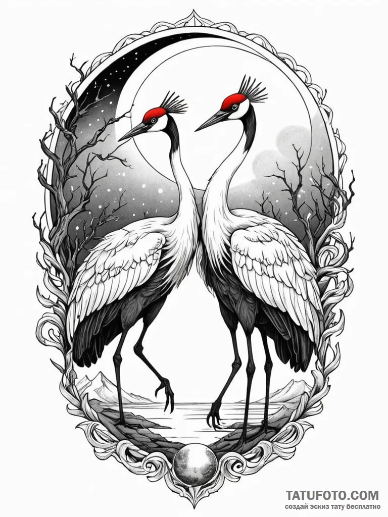 Red-crowned crane dancing under a blood moon,... - эскиз тату (№1751777997_0, 06.07.2025 04:59) — Tatufoto.com