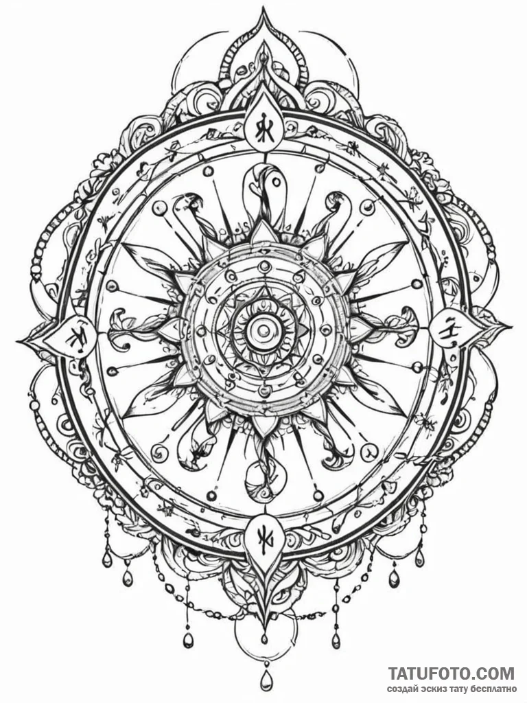 Zodiac wheel, illustrated with elegant, symbo... - эскиз тату (№1751778165_0, 06.07.2025 05:02) — Tatufoto.com