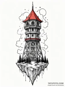 Rifted tower beneath crimson sky, tattoo flas... - эскиз тату (№1751778250_0, 06.07.2025 05:04) — Tatufoto.com