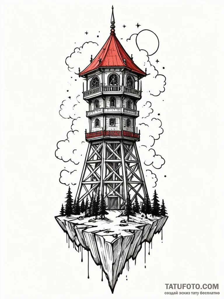 Rifted tower beneath crimson sky, tattoo flas... - эскиз тату (№1751778250_0, 06.07.2025 05:04) — Tatufoto.com