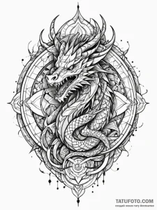 Dragon coil through shattered ruins, ink illu... - эскиз тату (№1751779270_0, 06.07.2025 05:21) — Tatufoto.com