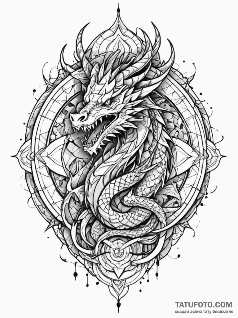 Dragon coil through shattered ruins, ink illu... - эскиз тату (№1751779270_0, 06.07.2025 05:21) — Tatufoto.com