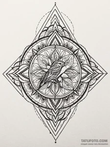 A whimsical bird on a stump, calm,, tattoo fl... - эскиз тату (№1751779697_0, 06.07.2025 05:28) — Tatufoto.com