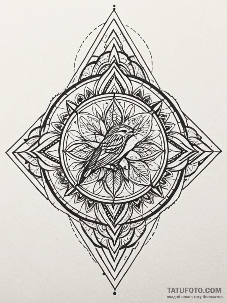 A whimsical bird on a stump, calm,, tattoo fl… — эскиз тату (№1751779697_0, 06.07.2025 05:28) — Tatufoto.com