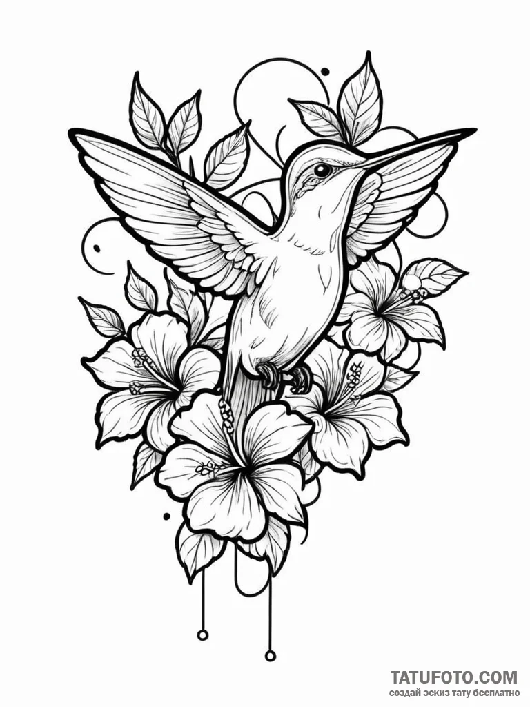 A hummingbird drinking from a hibiscus flower... - эскиз тату (№1751780372_0, 06.07.2025 05:39) — Tatufoto.com