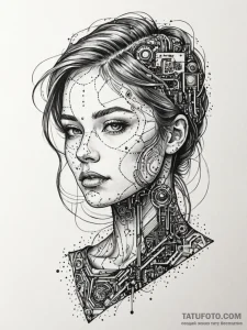 Circuit board patterns merging with a human f... - эскиз тату (№1751780456_0, 06.07.2025 05:40) — Tatufoto.com