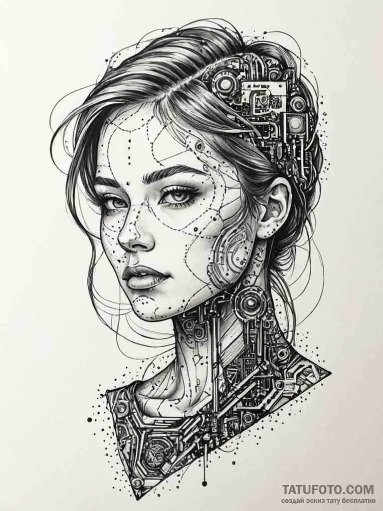 Circuit board patterns merging with a human f… — эскиз тату (№1751780456_0, 06.07.2025 05:40) — Tatufoto.com