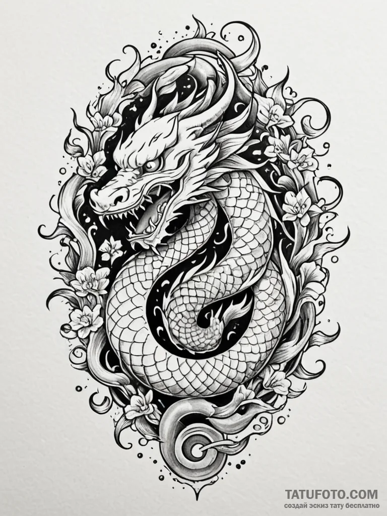Lunar flames devouring serpent, tattoo flash… — эскиз тату (№1751780540_0, 06.07.2025 05:42) — Tatufoto.com