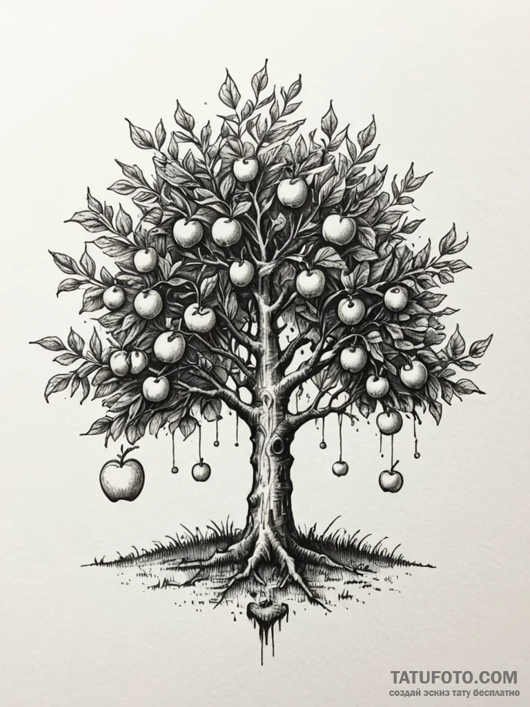 An enchanted apple tree bearing glowing fruit... - эскиз тату (№1751781128_0, 06.07.2025 05:52) — Tatufoto.com