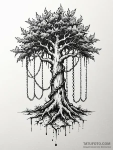 Apocalyptic chains strangling tree, ink illus... - эскиз тату (№1751782056_0, 06.07.2025 06:07) — Tatufoto.com