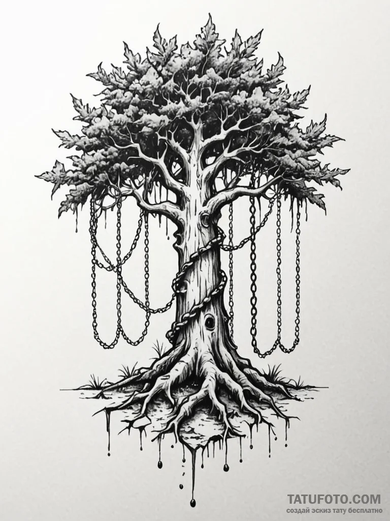 Apocalyptic chains strangling tree, ink illus... - эскиз тату (№1751782056_0, 06.07.2025 06:07) — Tatufoto.com