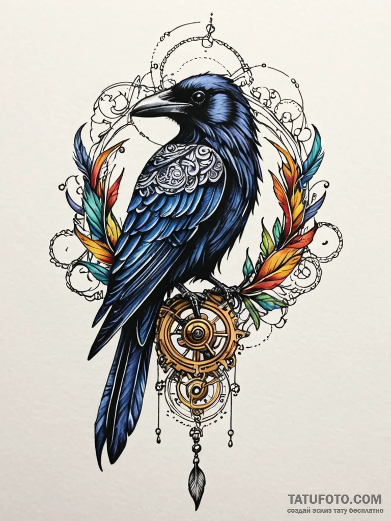 Clockwork raven with metal feathers, tattoo s... - эскиз тату (№1751782225_0, 06.07.2025 06:10) — Tatufoto.com