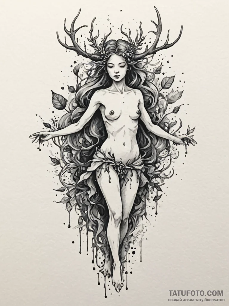 Dryad or tree nymph, tattoo sketch design, mo… — эскиз тату (№1751782309_0, 06.07.2025 06:11) — Tatufoto.com