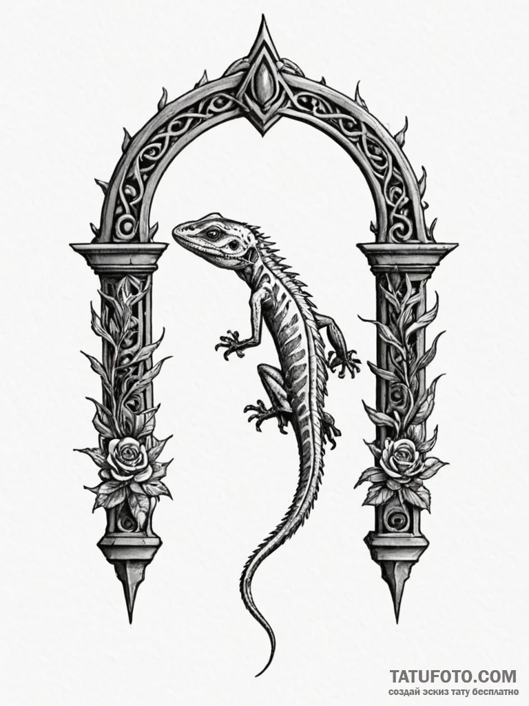 Lizard bones beneath thorned arch, tattoo ske… — эскиз тату (№1751782477_0, 06.07.2025 06:14) — Tatufoto.com