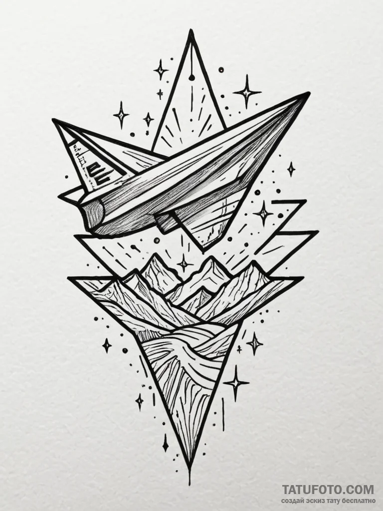 Paper airplane leaving a trail of tiny, spark... - эскиз тату (№1751782645_0, 06.07.2025 06:17) — Tatufoto.com