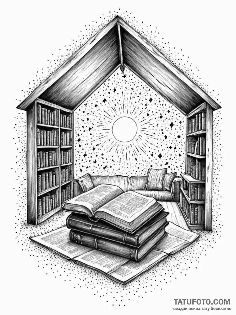 A cozy attic room filled with antique books,... - эскиз тату (№1751782814_0, 06.07.2025 06:20) — Tatufoto.com
