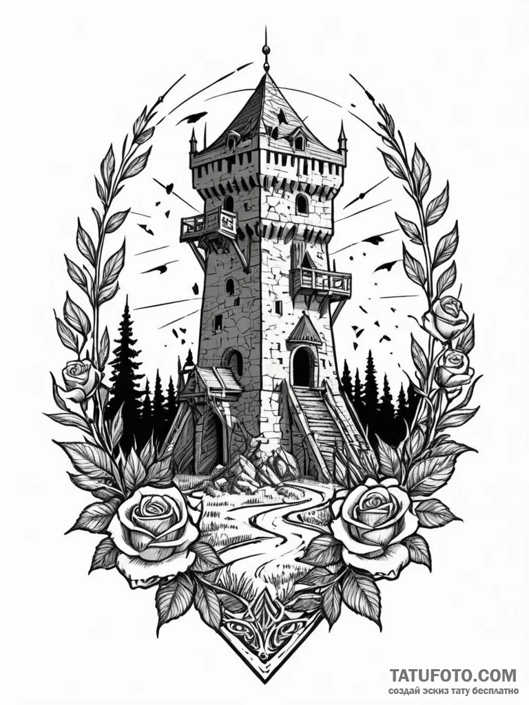 Castle siege tower moving through a field of... - эскиз тату (№1751783824_0, 06.07.2025 06:37) — Tatufoto.com