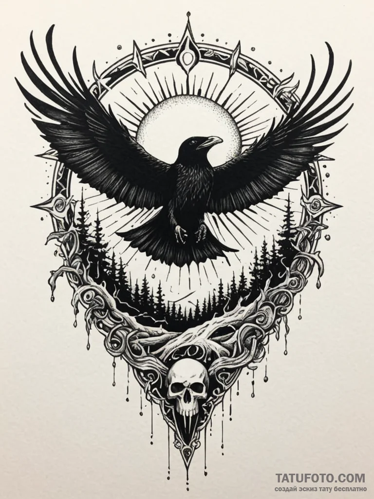 Raven skull beneath burning sun, concept art... - эскиз тату (№1751783908_0, 06.07.2025 06:38) — Tatufoto.com